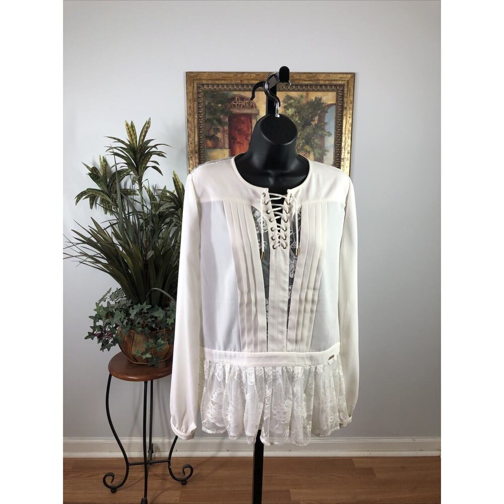 Guess Women Blouse M Long Sleeve Off White Lace Details Lace Up Front Peasant